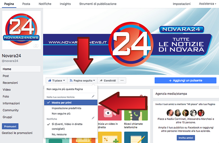 Cambia Facebook, selezionate l'opzione "mostra per primi" per Novara24
