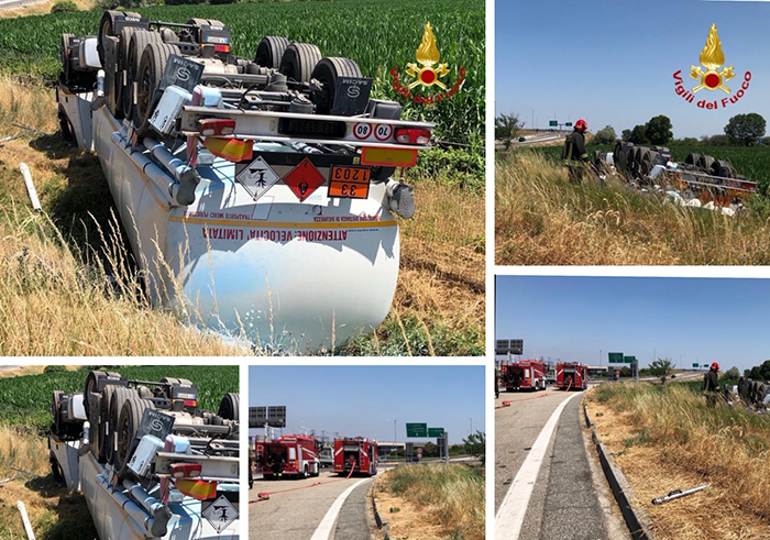 Autobotte cappottata in un prato al casello Novara Est della A4